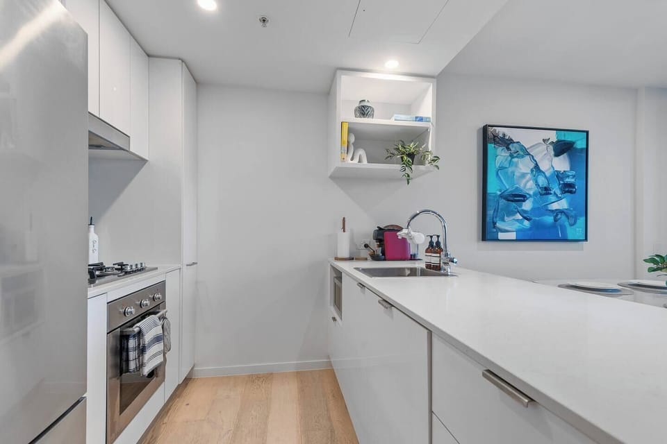 Full kitchen with all the necessary cooking utensils and equipment you should need if you choose to cook at home.  Coffee machine with pods provided.  Tea, sugar, olive oil, salt and pepper for your convenience.
