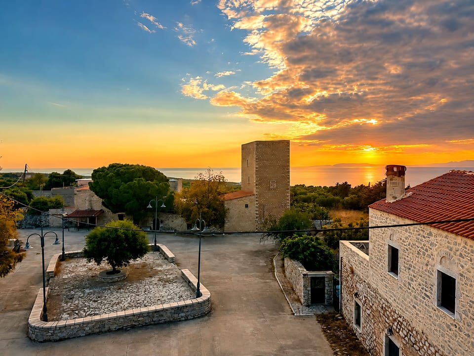 Views of the village square and the Mani sunset