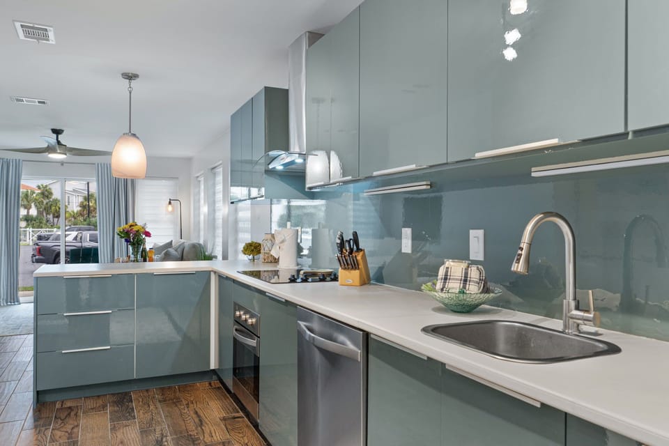 This updated kitchen flows right into the living space, making it easy to prep 