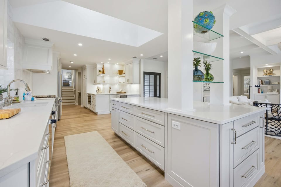 Modern home with an open-concept living area and a spacious kitchen with a large central island.
