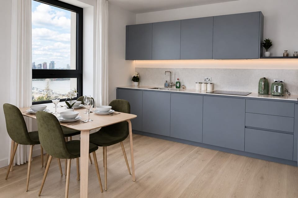 Dining & Kitchen area - Greenwich flat with Balcony near The O2 & Canary Wharf
