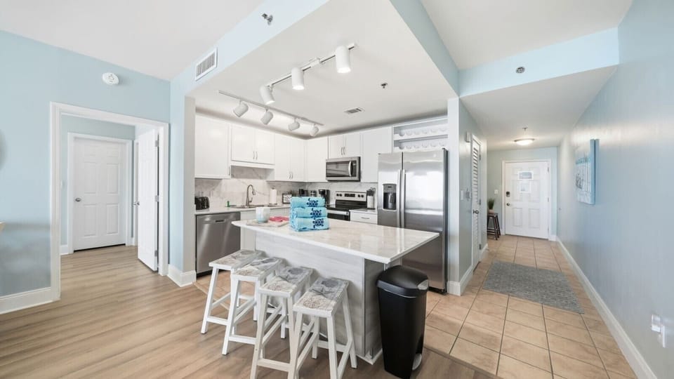Fully Stocked Kitchen with Stainless Steel Appliances, Island Bar Seating, Drip Coffee Maker and Keurig