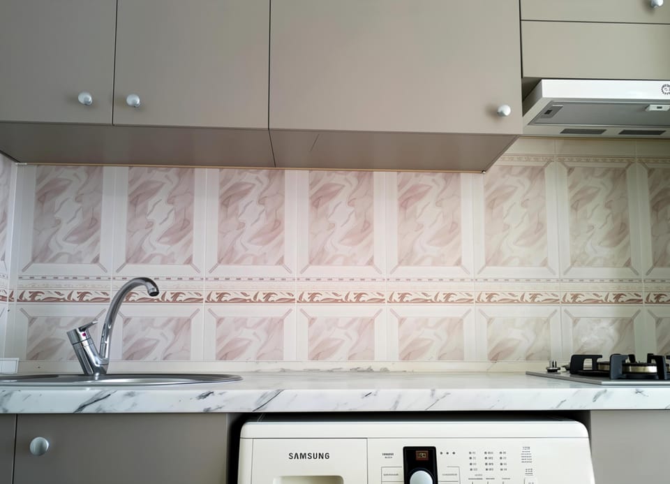 Kitchen sink, cabinetry. washing machine, gas burner and hood are in view.