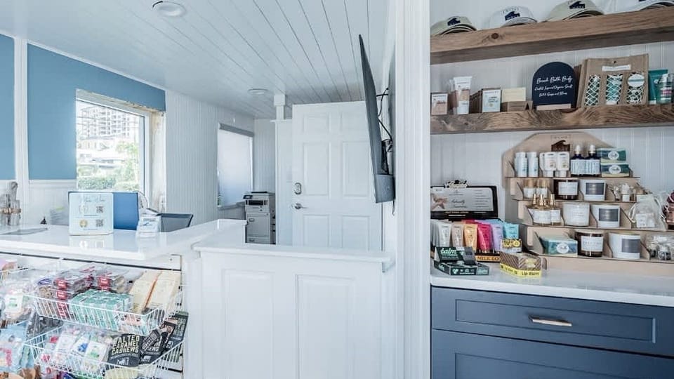 Browse thoughtful essentials and treats before heading to beach.
