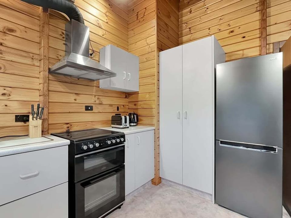 Modern kitchen in a rustic lodge setting