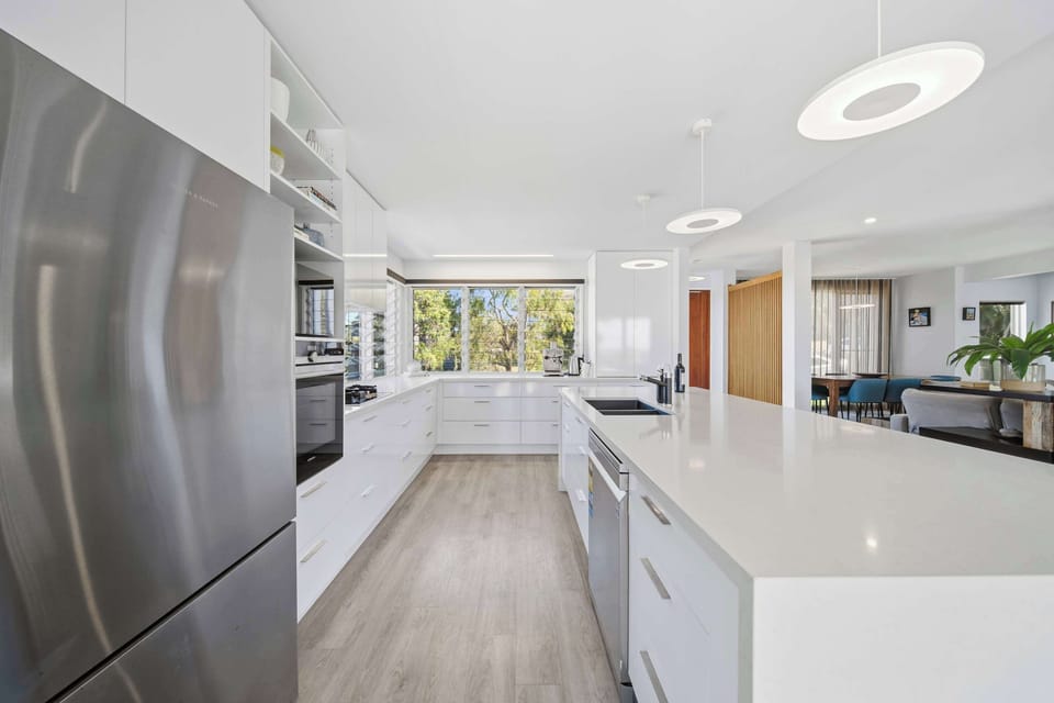 Open living kitchen and dining area, entry level