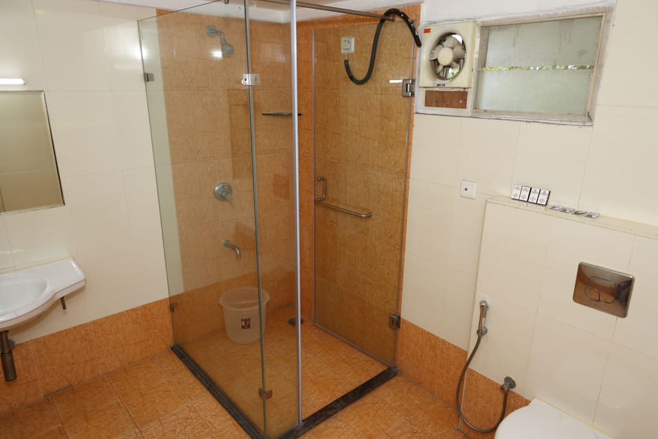Shower, towels, soap, shampoo