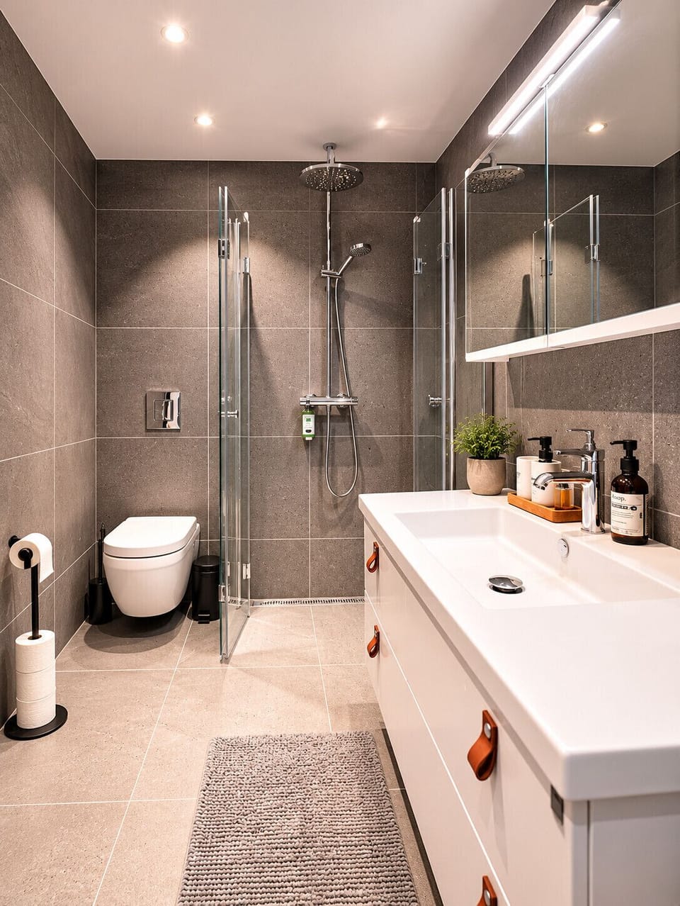 Full bathroom with shower and washing machine