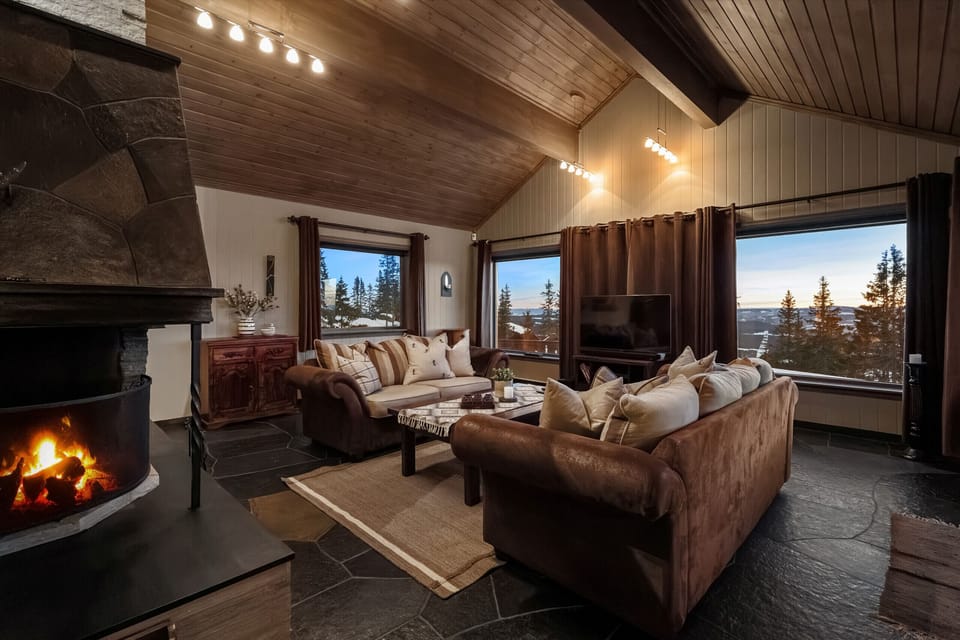 Cosy living room with comfortable furniture and an open fireplace