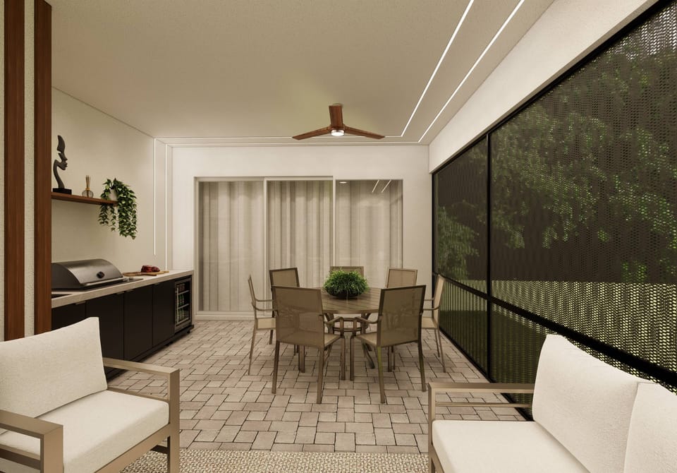 Welcome to our spacious outdoor dining area, where sleek furniture and abundant natural light create a warm atmosphere. Enjoy leisurely meals or morning coffee while taking in the serene views and inviting seating.