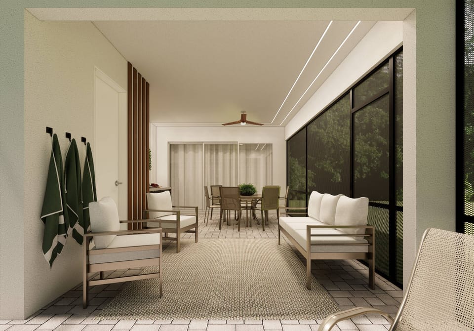 Experience a beautifully designed patio with airy seating that invites relaxation. Soft colors and natural textures create a calming vibe, while large windows offer a seamless connection to the outdoors, enriching your stay.