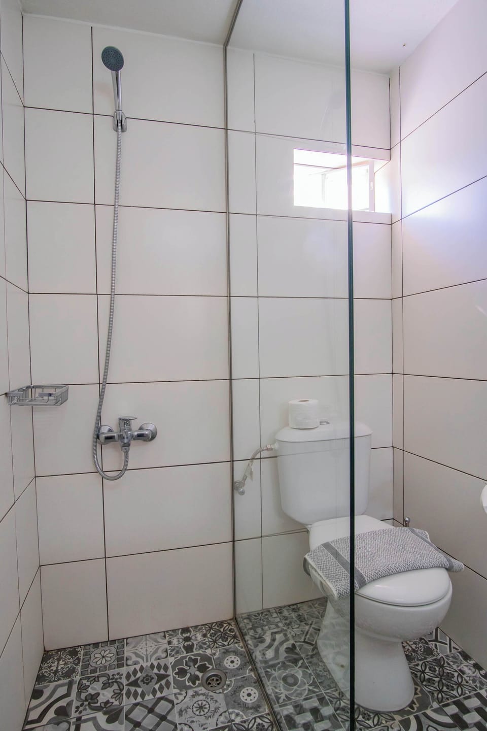 Modern walk-in shower with glass partition.
