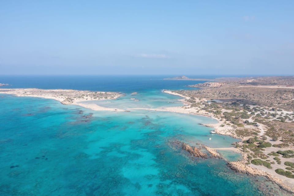 Elafonisi lagoon, Crete island Greece. Aerial drone view of turquoise water, beach with pink sand