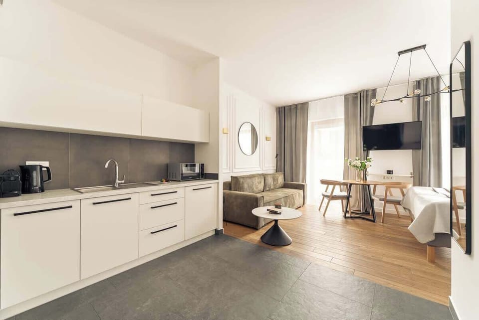 Główna przestrzeń apartamentu łączy strefę wypoczynkową, sypialnianą oraz jadalnianą. Znajduje się tu wygodne łóżko małżeńskie, sprzyjające pełnemu relaksowi po dniu zwiedzania lub pracy, a także komfortowa rozkładana sofa.