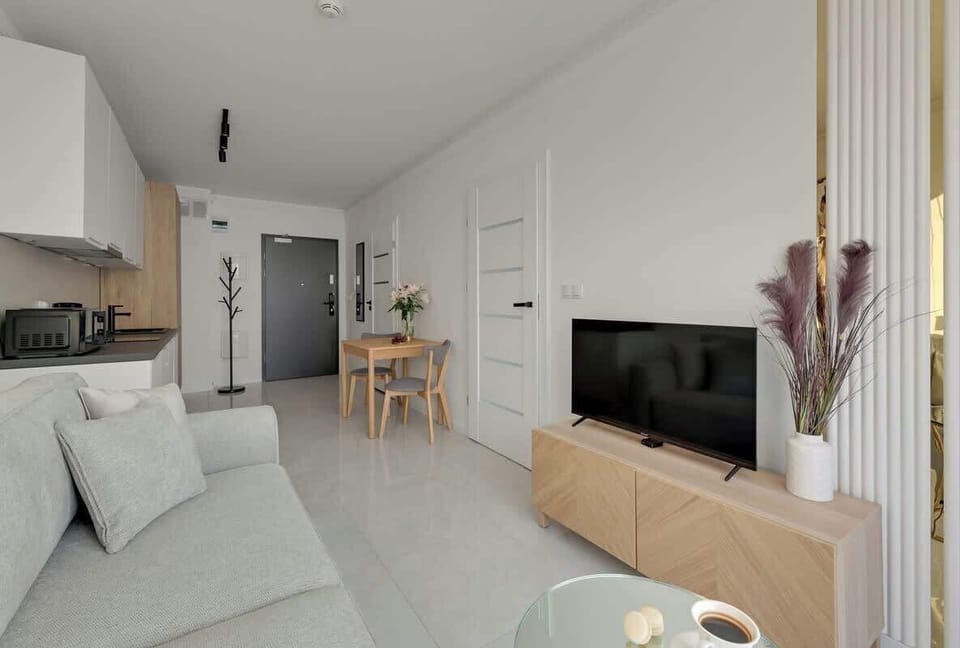 Salon zachwyca nowoczesnym, eleganckim wystrojem w stonowanych barwach. Znajduje się tu rozkładana sofa, która zapewnia komfortowy wypoczynek w ciągu dnia oraz pełnowymiarowe miejsce do spania. Naprzeciwko umieszczono telewizor z funkcją Smart TV.