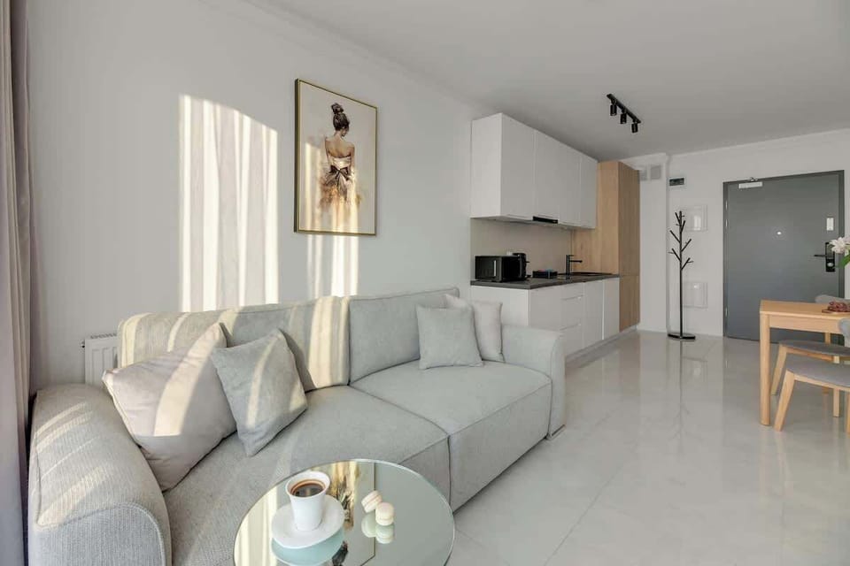 Salon zachwyca nowoczesnym, eleganckim wystrojem w stonowanych barwach. Znajduje się tu rozkładana sofa, która zapewnia komfortowy wypoczynek w ciągu dnia oraz pełnowymiarowe miejsce do spania. Naprzeciwko umieszczono telewizor z funkcją Smart TV.