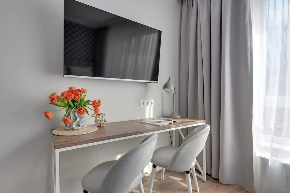 W apartamencie znajduje się łóżko małżeńskie, rozkładana sofa, telewizor Smart TV, biurko do pracy oraz pojemna szafa.