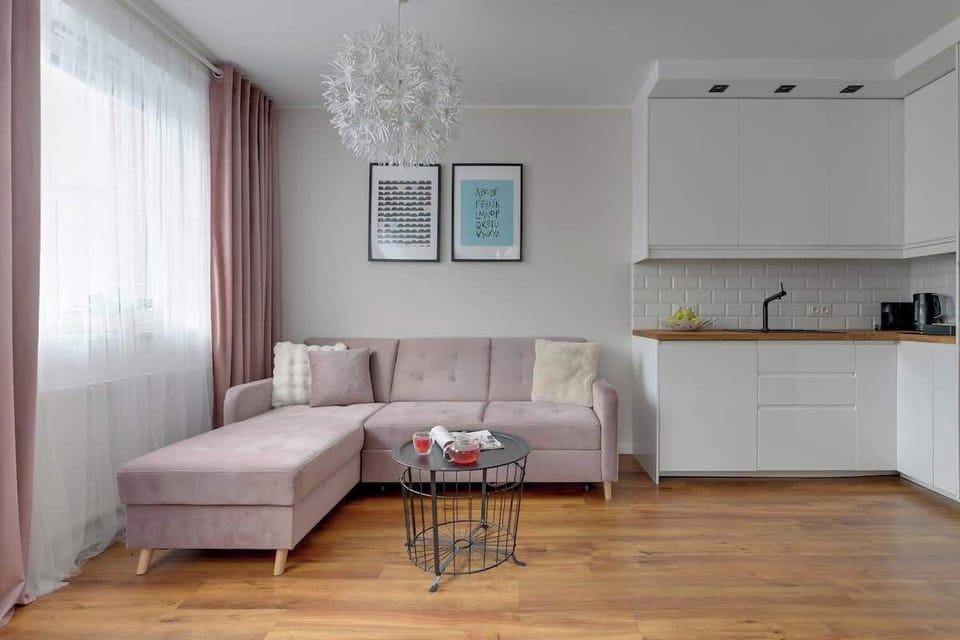 Centralnym punktem salonu jest rozkładana sofa oraz telewizor z funkcją Smart TV, a stonowana kolorystyka i nastrojowe oświetlenie podkreślają przytulny charakter wnętrza; w przedpokoju znajduje się pojemna szafa.