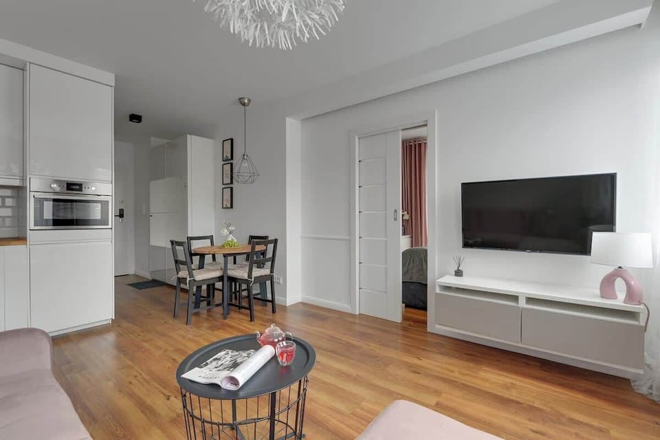 Centralnym punktem salonu jest rozkładana sofa oraz telewizor z funkcją Smart TV, a stonowana kolorystyka i nastrojowe oświetlenie podkreślają przytulny charakter wnętrza; w przedpokoju znajduje się pojemna szafa.