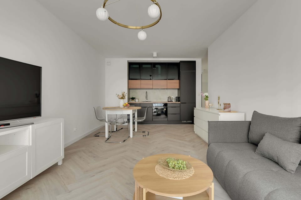 Przestronny salon z wygodną, rozkładaną sofą stanowi centralną część apartamentu i został zaprojektowany z myślą o komforcie oraz relaksie. 