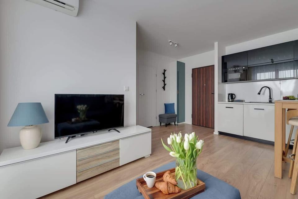 Klimatyzowany salon stanowi komfortową przestrzeń do relaksu. Znajduje się tu wygodna, rozkładana sofa, ustawiona naprzeciw pufy oraz telewizora z dostępem do kanałów TV i funkcją Smart TV.