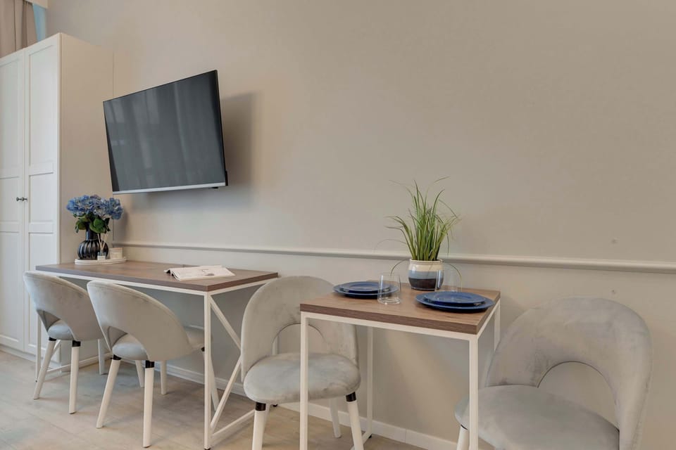W apartamencie znajduje się wygodne łóżko małżeńskie, rozkładana sofa, telewizor Smart TV, miejsce do pracy oraz pojemna szafa.