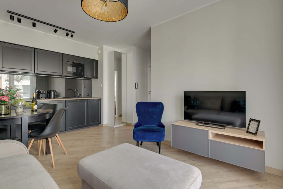 Salon stanowi przyjemną strefę wypoczynku z wygodną sofą, eleganckim fotelem oraz telewizorem z funkcją Smart TV. 