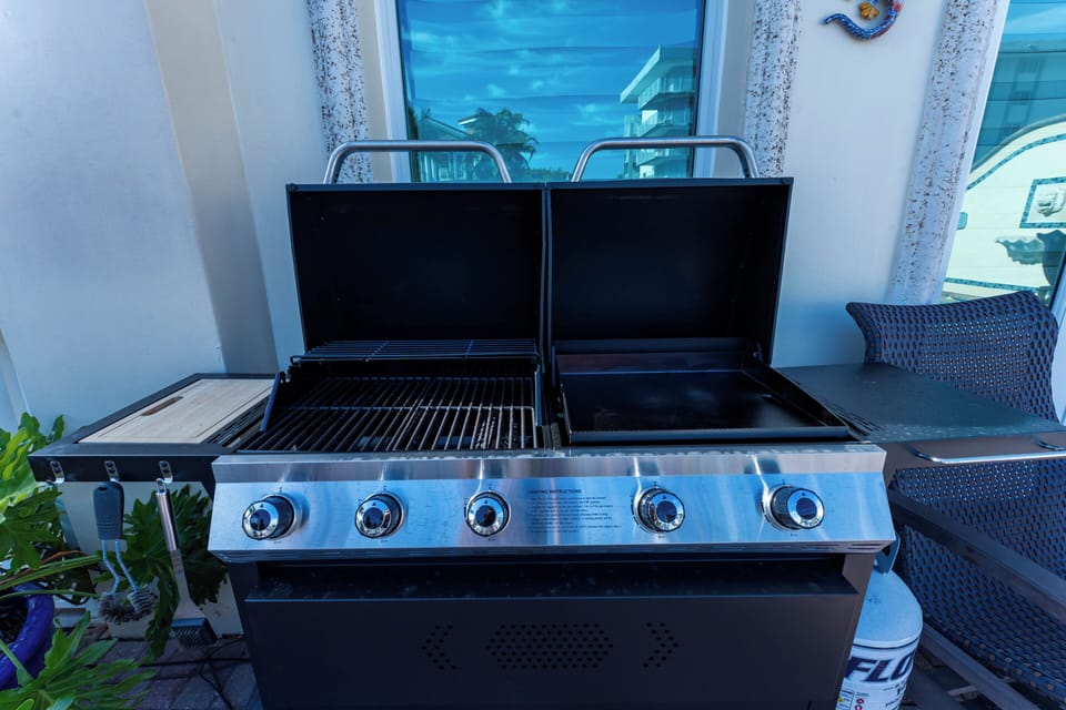 Outdoor grill is ready for waterfront cookouts and family meals.