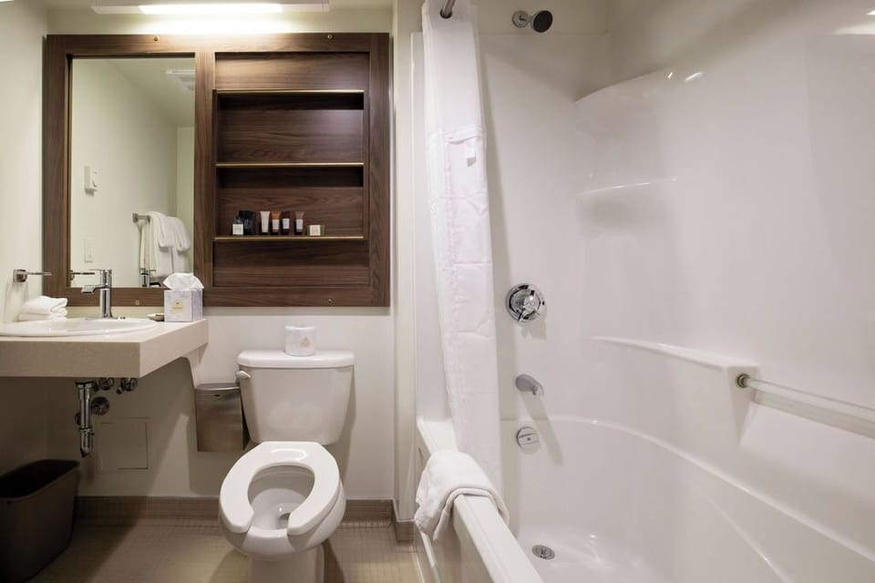 Combined shower/tub, eco-friendly toiletries, hair dryer, bathrobes