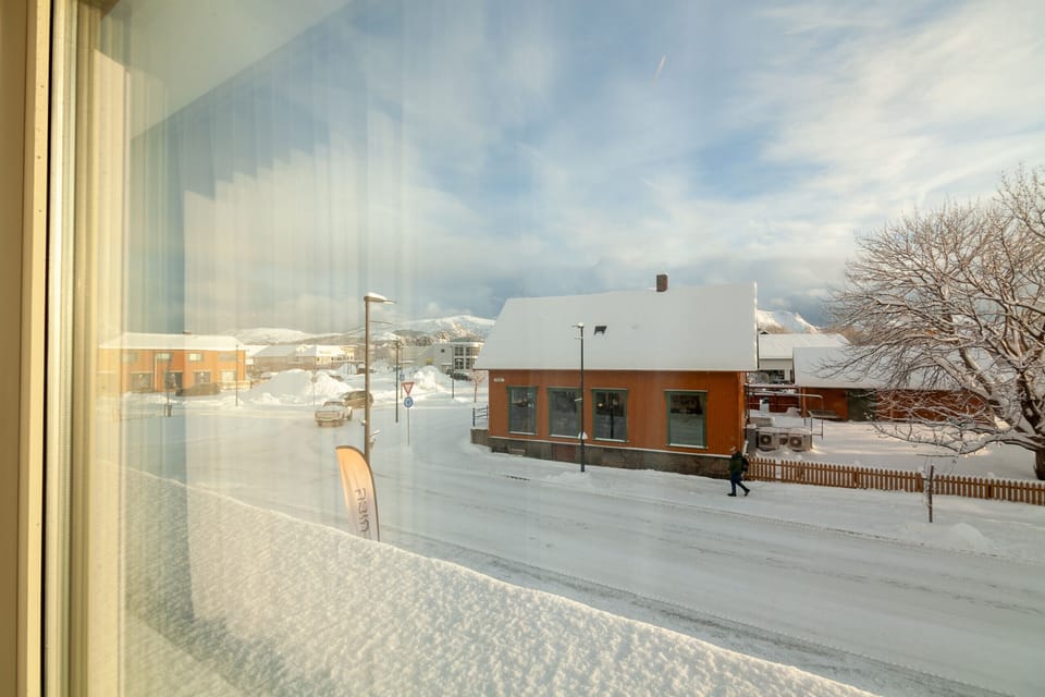 View of the main street-Across the road you can get the best coffee in Lofoten!