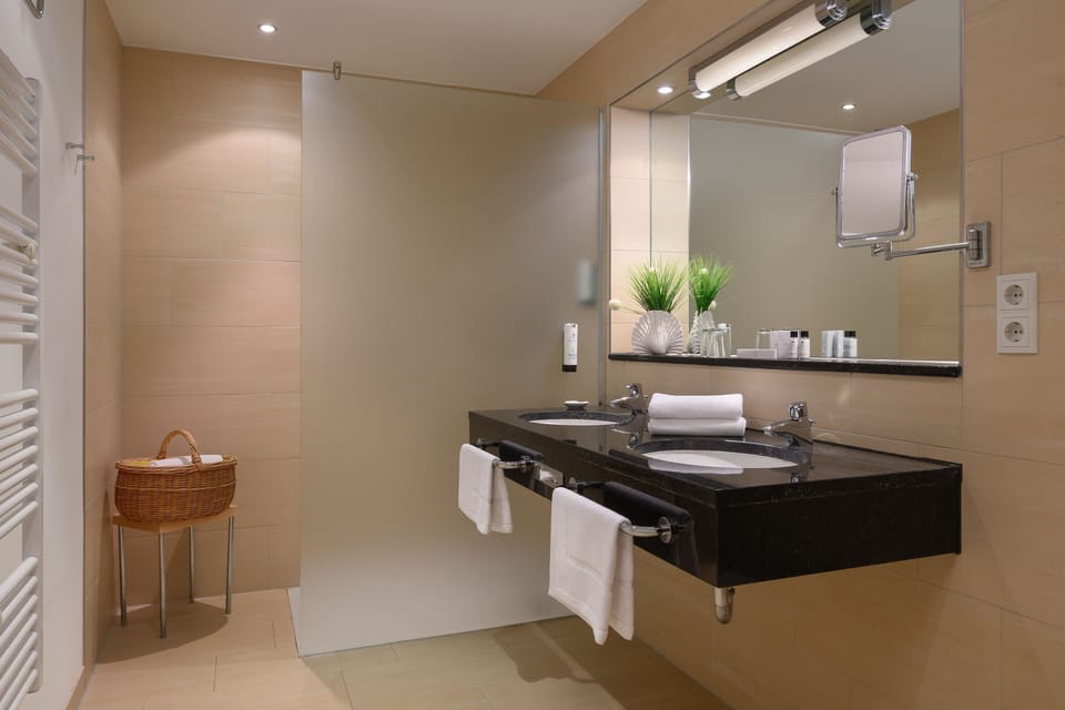 Shower, hair dryer, bathrobes, towels