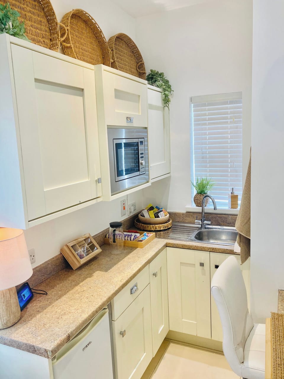 Fridge, microwave, stovetop, electric kettle