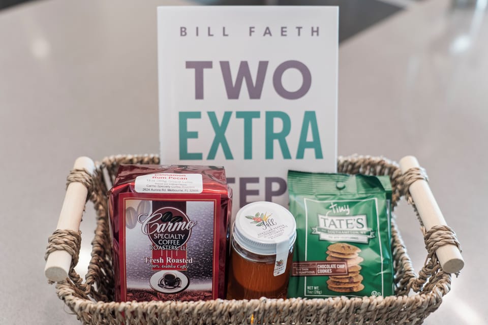 Thoughtful welcome basket with coffee, treats, and cozy guest touches