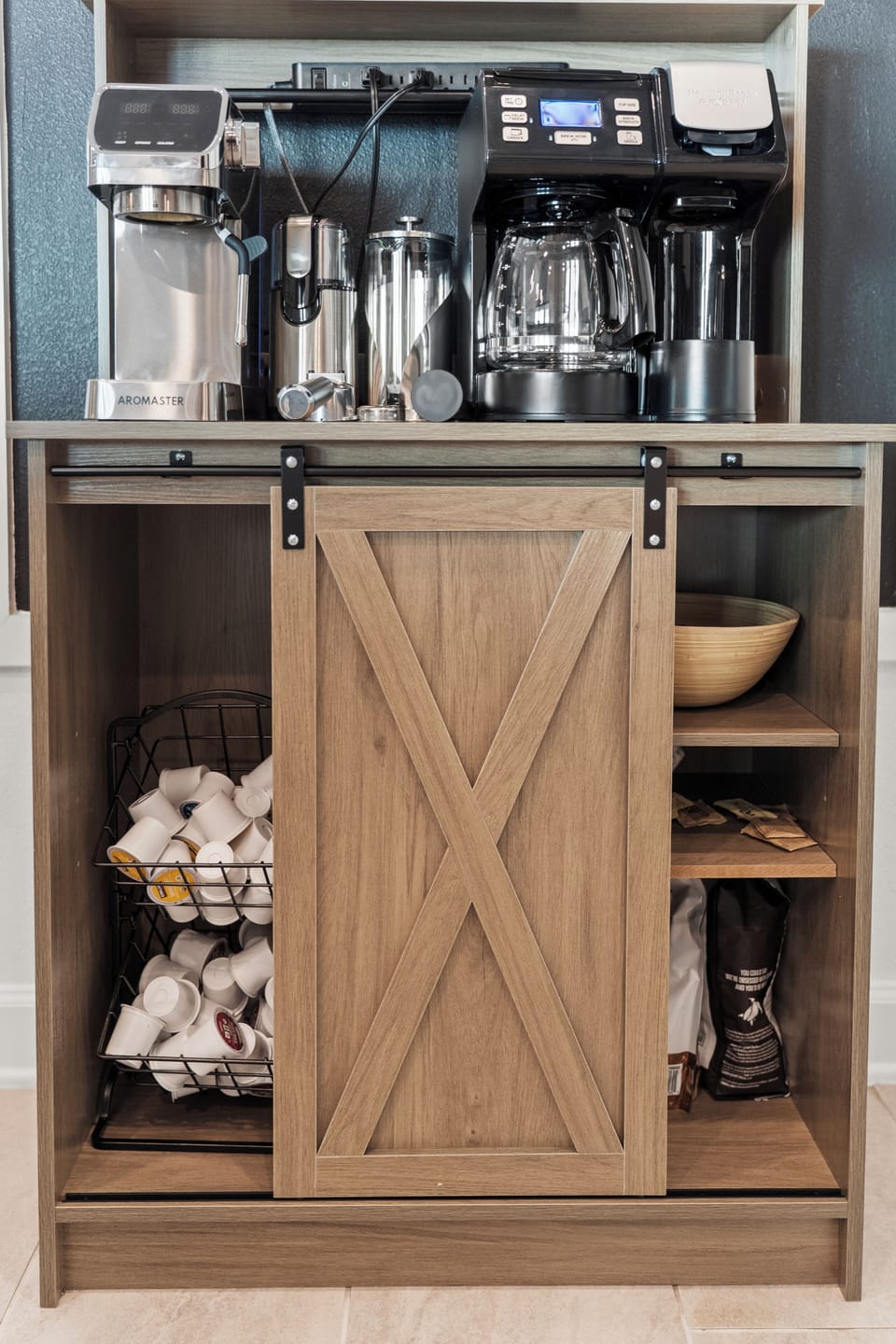 Cozy coffee bar with multiple brewers and thoughtfully stocked essentials