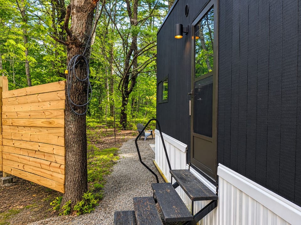 Modern woodland cabin entry with private path and peaceful forest setting