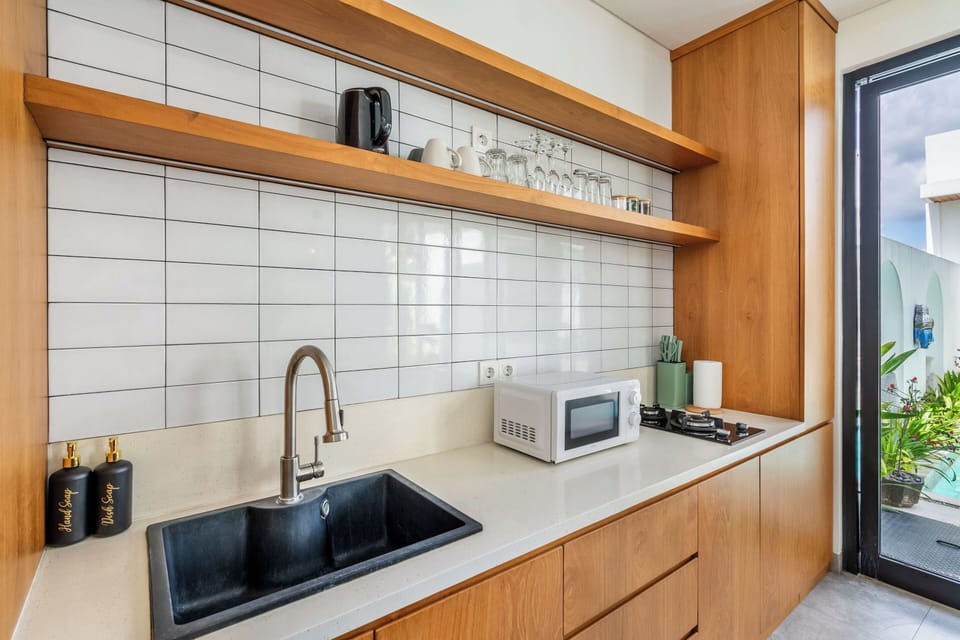 Standard Villa, Pool View | Private kitchen | Fridge, microwave, stovetop, dining table