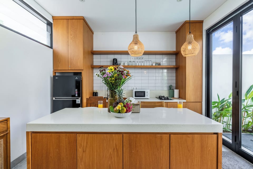 Standard Villa, Pool View | Private kitchen | Fridge, microwave, stovetop, dining table