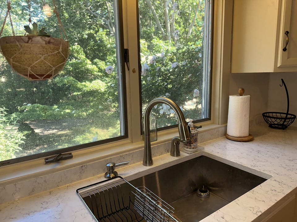 Kitchen overlooking flowering trees, shrubs and bushes