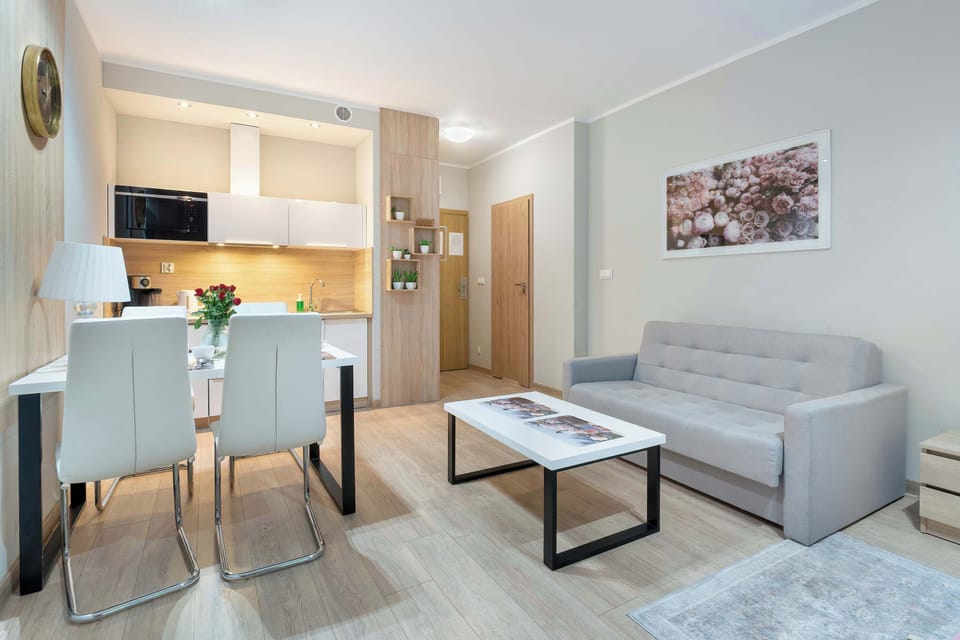 Spacious studio interior combining the sleeping area, lounge space, and kitchenette in an open-plan layout.