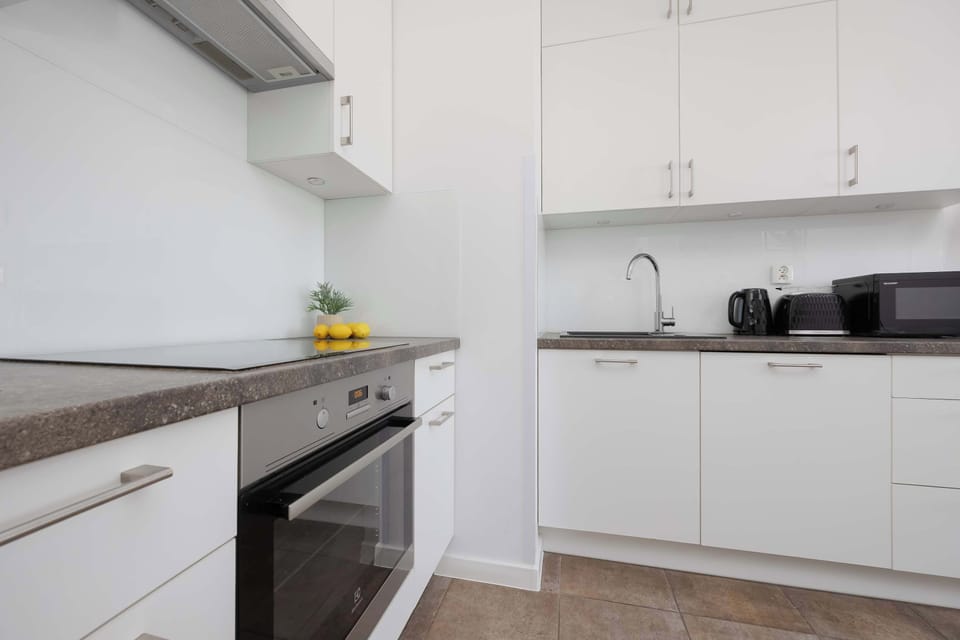 Modern kitchenette with essential appliances and ample storage.