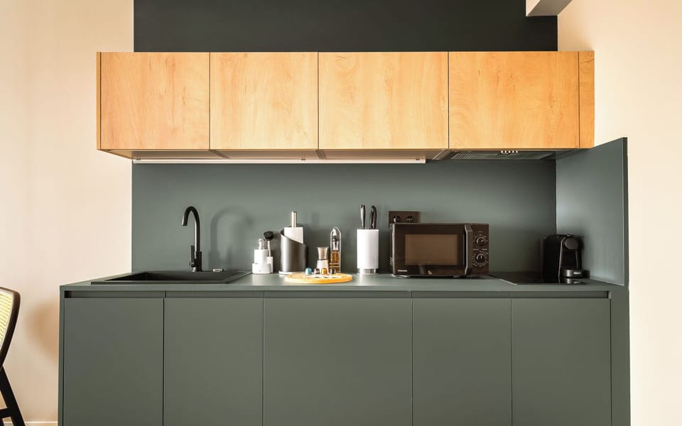 Espresso maker, fridge, microwave, stovetop