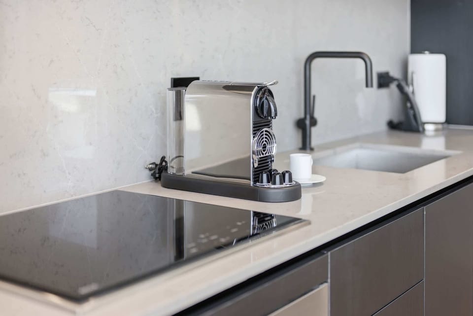 Clean lines and ample storage in the kitchen.