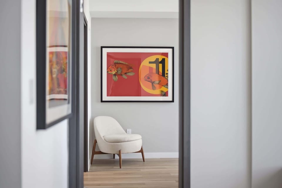Bedroom view with art detail.