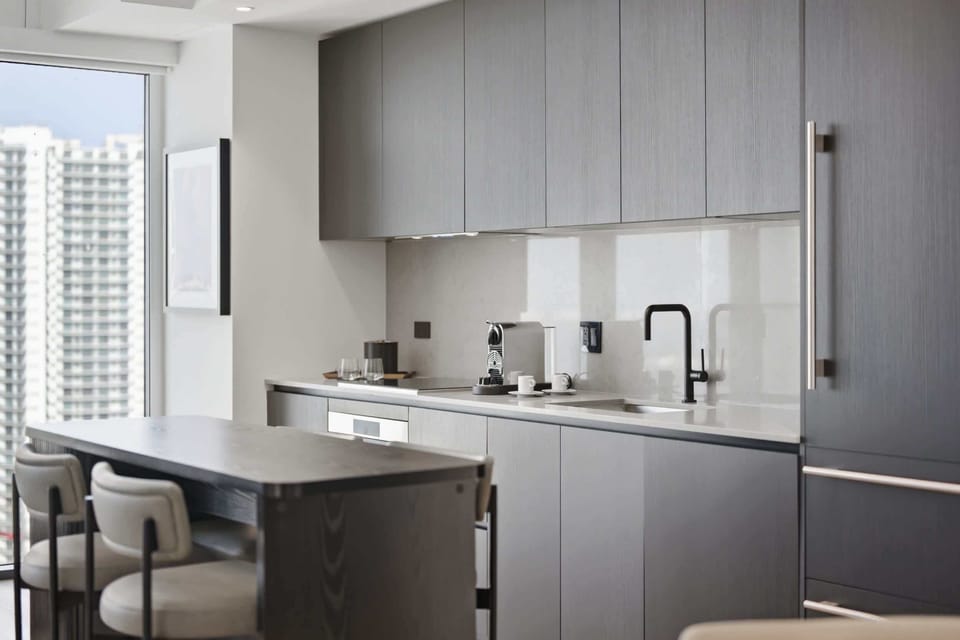 Sleek, fully equipped kitchen.