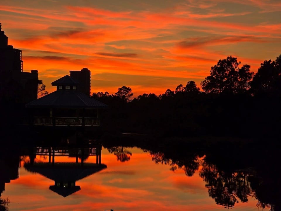 Silhouettes of trees and a pavilion glow under molten amber skies reflected on still water at dusk