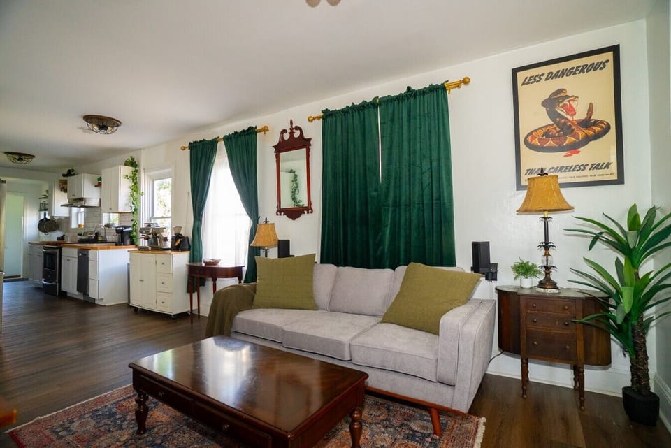 Living Room | Gray Sofa | Open Kitchen Layout