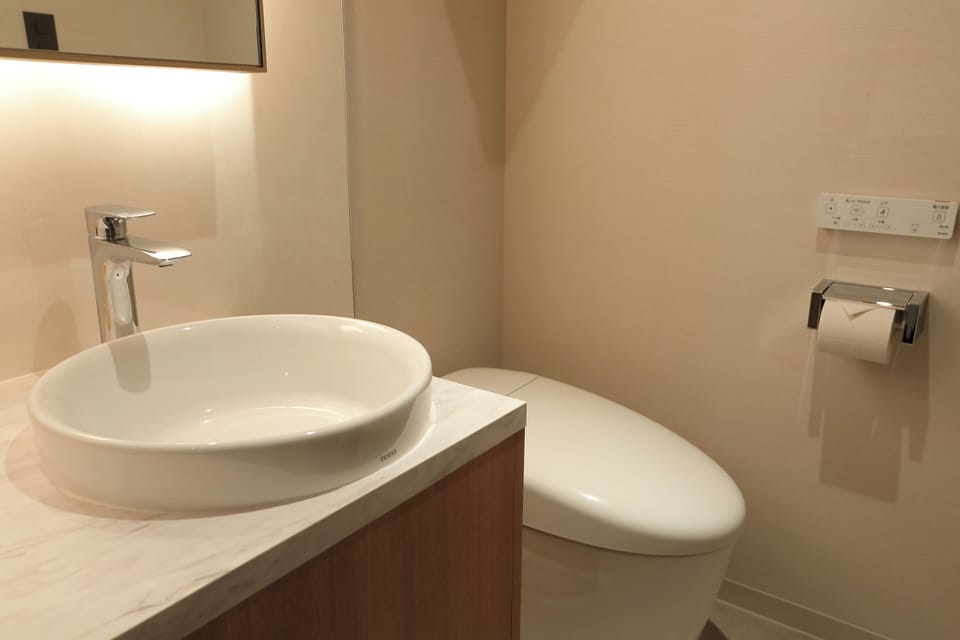 Separate tub and shower, free toiletries, hair dryer, slippers