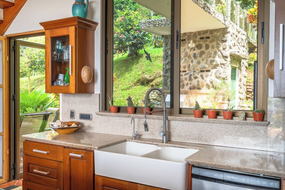 Kitchen window detail with garden views and natural light throughout