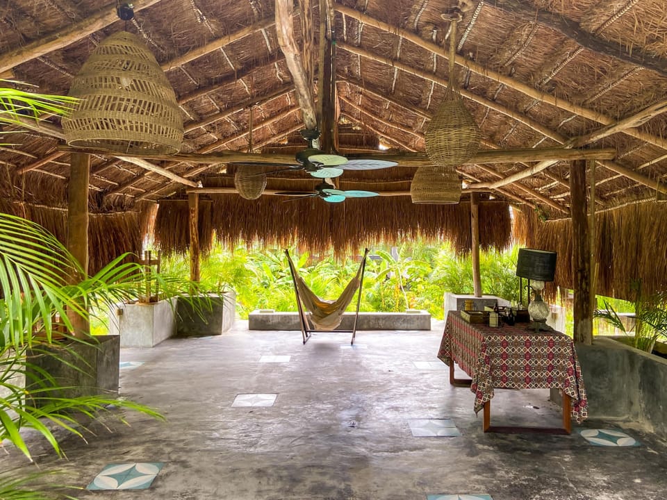 Unwind under the palapa with hammocks and lush tropical views