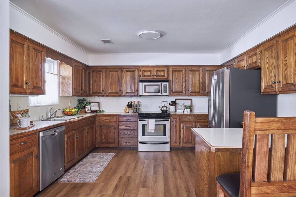 The kitchen is fully-equipped and open to the rest of the house. Plenty of storage for your long weekend or long stay!
